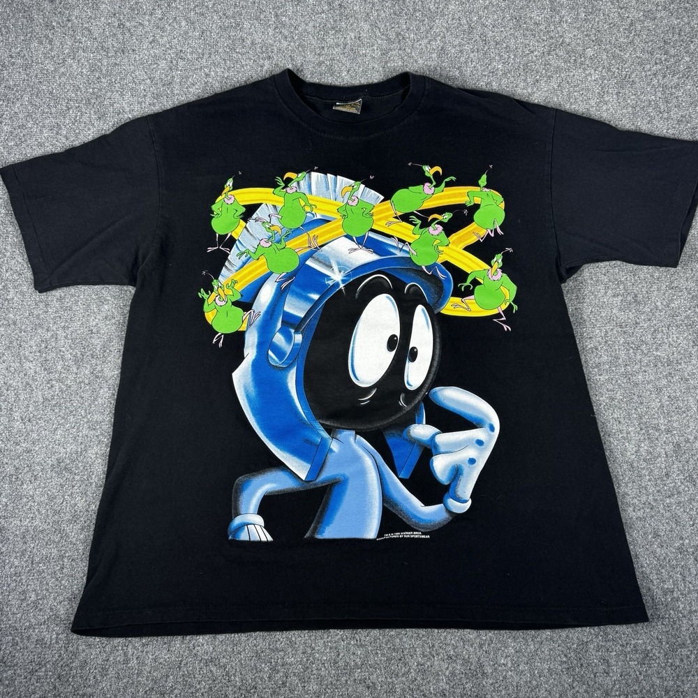 Vtg 90s Marvin The Martian AOP T-Shirt Looney Tunes XL Black USA Single Stitch